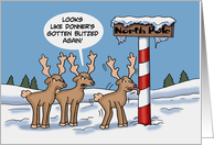Christmas Card With Cartoon Reindeer’s Tongue Stuck On Pole card