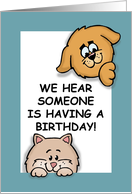 For Kids With Cartoon Puppy And Kitten Someone Is Having A Birthday card