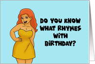 Birthday Card Cartoon Woman Asks What Rhymes With Birthday Vodka card