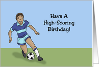 Boy Birthday With Black Soccer Player Have A High Scoring Birthday card