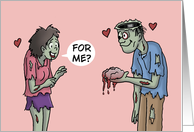 Humorous Engagement With Cartoon Zombie Giving Brain To Zombie Girl card