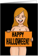 Adult Halloween With Nude Cartoon Woman With Sign Trick Or Teat card