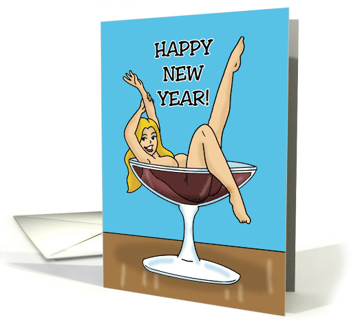 Humorous Adult New Year's With Nude Cartoon Woman In A Glass card