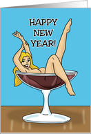 Humorous Adult New Year’s With Nude Cartoon Woman In A Glass card