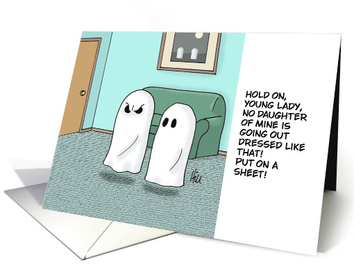 Humorous Blank Card With Cartoon Ghost Parents Telling Daughter card