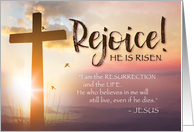 Happy Easter Rejoice He is Risen with Cross and Sunset card