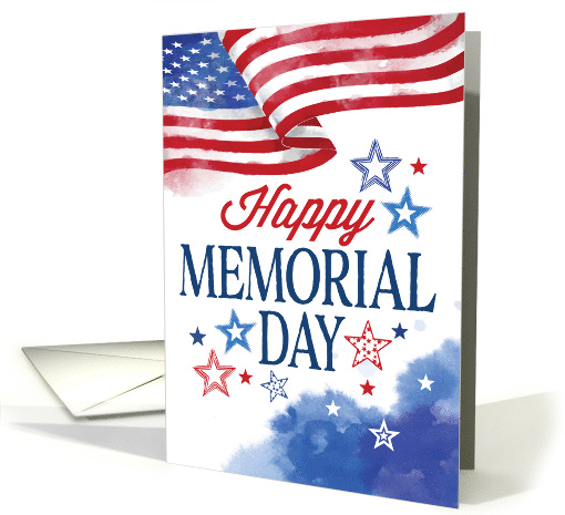 Happy Memorial Day With Watercolor American Flag and Stars card