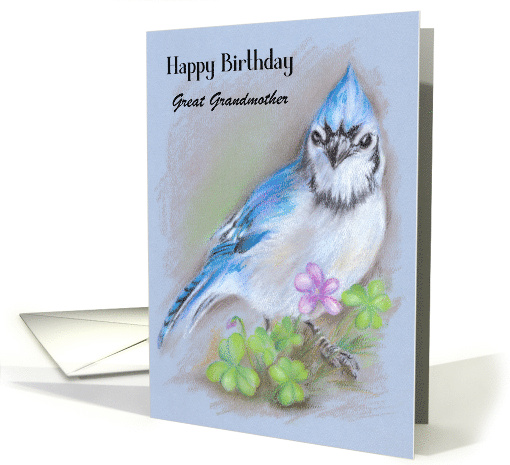 Custom Relative Birthday Great Grandmother Blue Jay and Shamrocks card