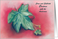 Custom Christmas Invitation Green Ivy Leaves on Red Pastel Art card