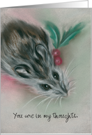 Custom Thinking of You Cute Winter Mouse with Holly Pastel Art card