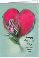 Pink Rosebud and Red Heart Pastel Art Custom Valentine for a Lady card