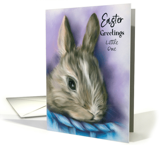 Personalized Easter for Child Fluffy Brown Bunny in a Blue Basket card
