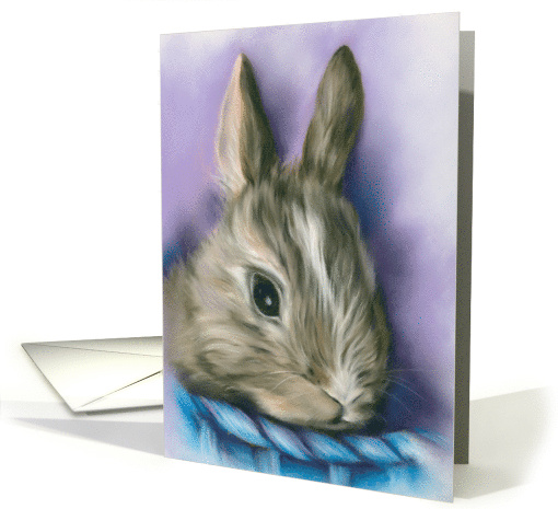 Any Occasion Fluffy Brown Bunny in a Blue Basket Pastel Blank card