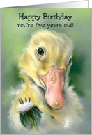 Custom Age Fifth Birthday Yellow Gosling Chick Dandelion Pastel Art card