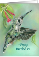 Happy Birthday Hummingbird with Honeysuckle Pastel Artwork card