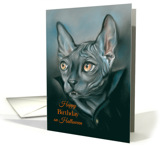 Happy Halloween Birthday Vampire Sphynx Cat Portrait Art card