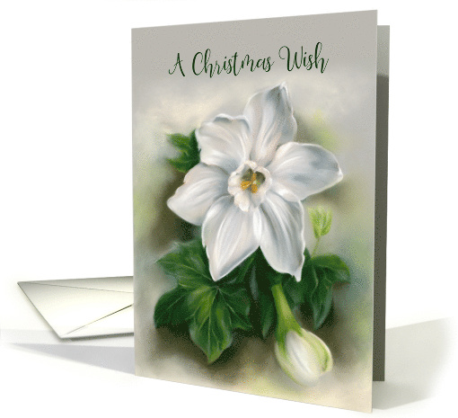 Christmas Wish White Narcissus and Green Ivy Floral Pastel Art card