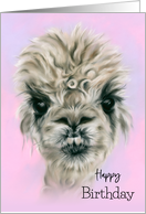 Happy Birthday Pretty Alpaca on Pink Pastel Cute Animal Art card