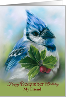 Friend Personalized December Birthday Blue Jay with Holly Bird Art card