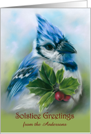 Solstice Greetings Blue Jay with Holly Pastel Bird Art Personalized card