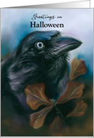 Halloween Greetings Raven Autumn Oak Leaves Pastel Bird Art card