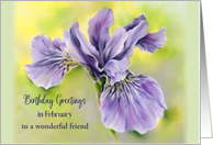 Friend February Birthday Iris Purple Flower Pastel Personalized card