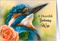 Birthday Wish Kingfisher Orange Rose Bird Pastel Art card