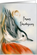 Happy Thanksgiving Nuthatch on Autumn Pumpkin Bird Pastel Art card