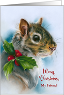 Christmas Friend Winter Squirrel with Holly Animal Art Personalized card