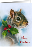 Merry Christmas Winter Squirrel with Holly Pastel Animal Art card