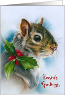 Seasons Greetings Winter Squirrel with Holly Pastel Animal Art card