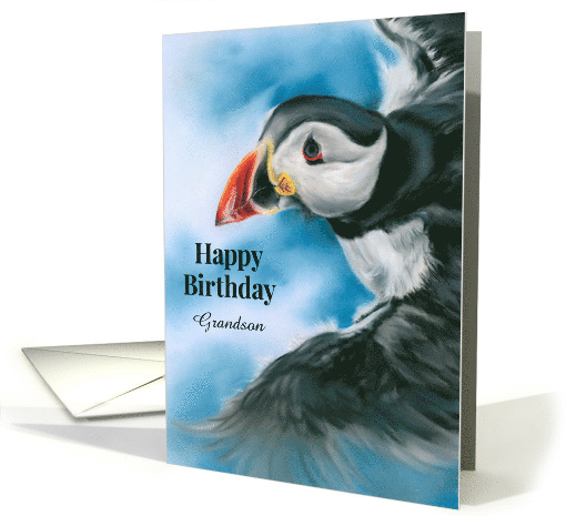 Birthday Grandson Atlantic Puffin in Flight Bird Art Custom card