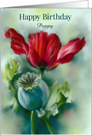Birthday for Custom Name Red Poppy and Seed Pod Floral Art card