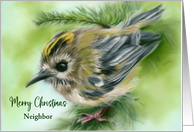 Christmas for Neighbor Little Goldcrest Bird in Evergreen Personalized card