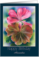 Birthday for Custom Name Red Leaf Pink Geranium Flower A card