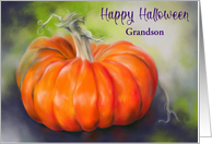 For Grandson Halloween Pumpkin Bright Orange on Purple Personalized card