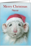 For Niece Personalized Christmas White Rat with Santa Hat card