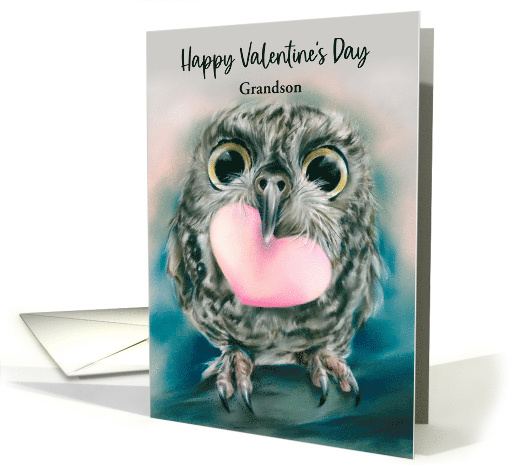 For Grandson Valentine Owl with Large Eyes and Heart Custom card