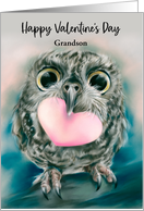 For Grandson Valentine Owl with Large Eyes and Heart Custom card