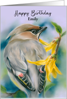 For Personalized Name Birthday Cedar Waxwing Bird with Forsythia E card