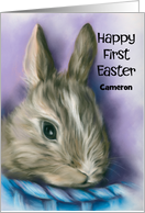 First Easter Personalized Name Bunny in a Blue Basket card