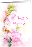 Just to Say Pink Flowering Cherry Blossom Watercolor card