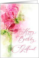 Happy Birthday Girlfriend Pink lily gloriosa Flowers Watercolor card