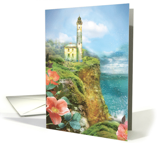 Lighthouse on Cliff with Wild Roses card (1506804)