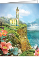 Lighthouse on Cliff with Wild Roses card