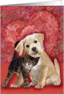 Lab Puppy and Tabby Kitten Valentine card