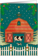 Primitive Christmas Barn with Cow, Calf, and Dove card