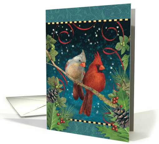 Pair of Cardinal Birds, Christmas greenery and red ribbons card