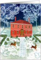 Christmas Holiday House with Deer and Wreaths card