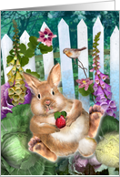 Easter Bunny Rabbit in a Garden with Strawberry, Cabbages, and Flowers card